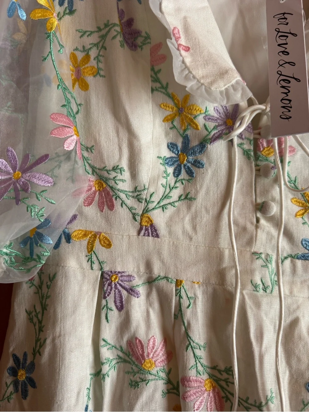 For Love & Lemons Marjorie Mini Dress NWT Floral Embroidered Puff Sleeve Medium - Picture 6 of 11